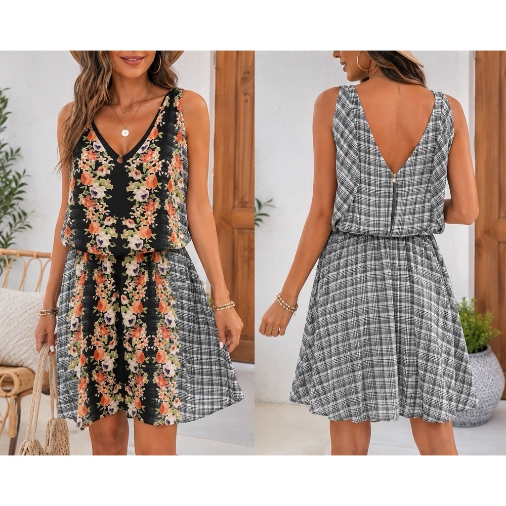 Candies Floral Plaid Dress Large Sleeveless Blouson‎ V-neck Fit & Flare